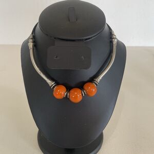 BOHO Orange Bead Choker Necklace 70's Vintage Metal Accents Silver